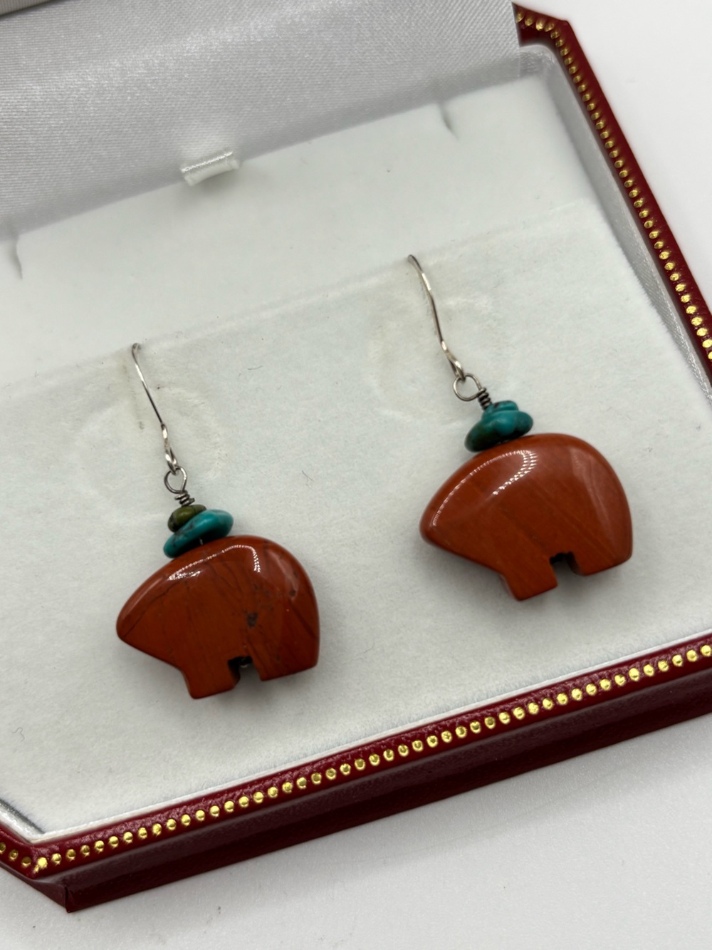 Handcrafted Red Jasper Bear Drop Earrings with Turquoise Accent